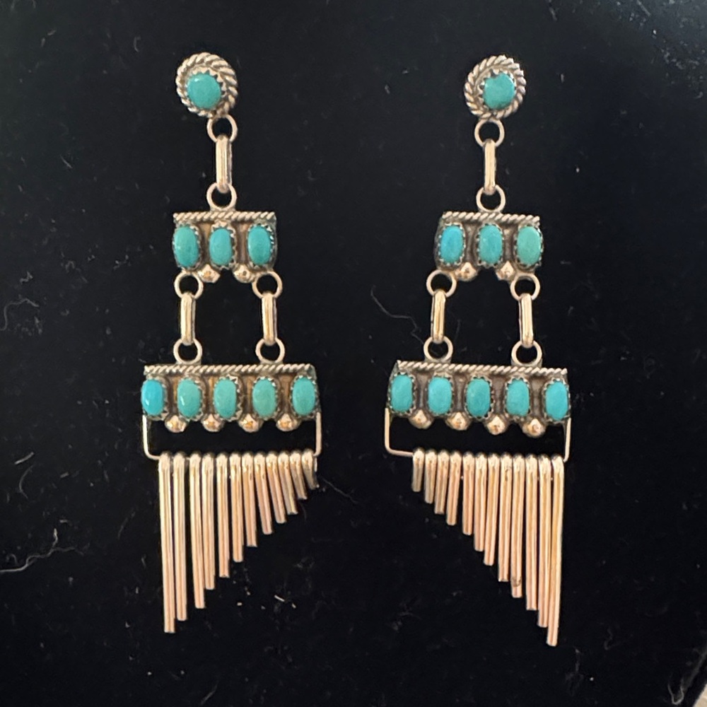 Zuni Turquoise Boho Earrings Silver-signed Southwestern Native American - Picture 2 of 5